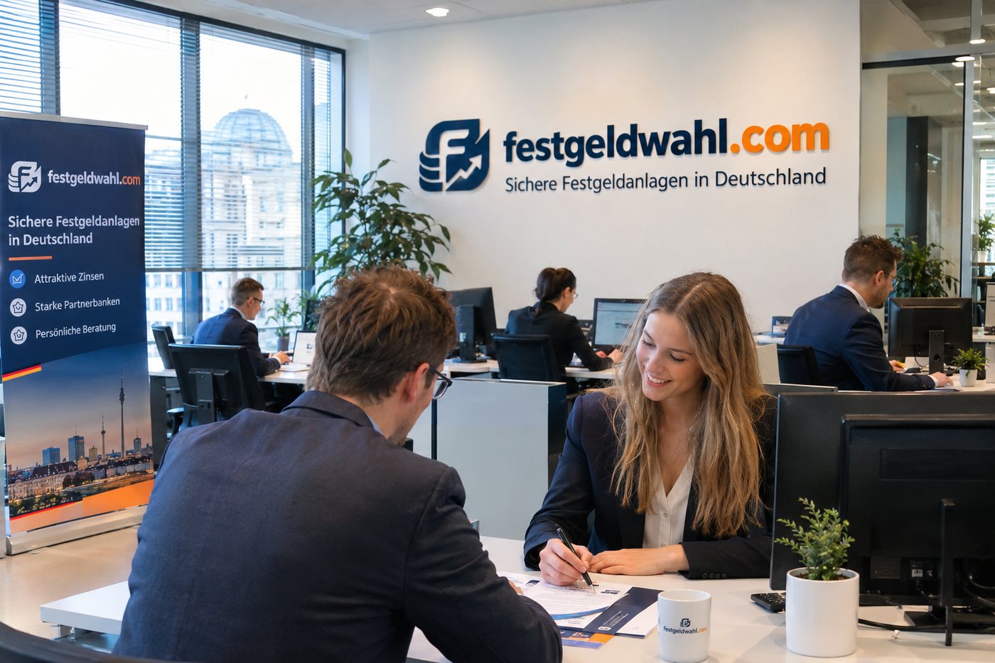 Beratungsbüro von FestgeldWahl – Mitarbeitende im Gespräch mit Kundinnen und Kunden